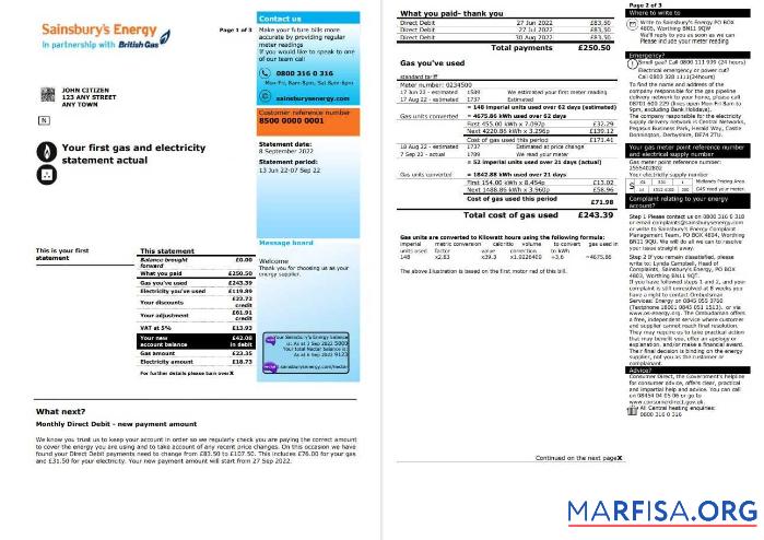 Downloadable United Kingdom Sainsbury’s Energy (British Gas) bill, Word and PDF template, 3 pages 1 2